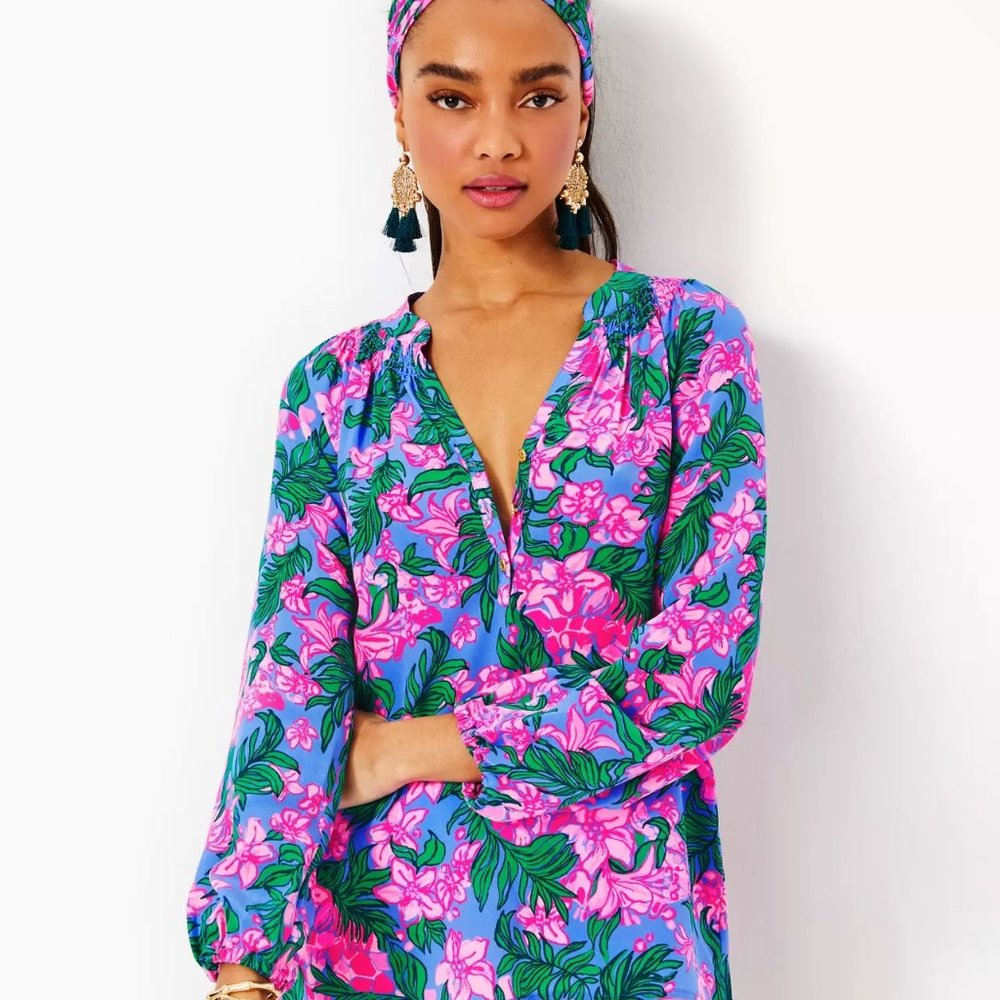 Lilly Pulitzer Elsa Silk Top, Cerise Pink Safari Sunset, Size L - Picture 2 of 8